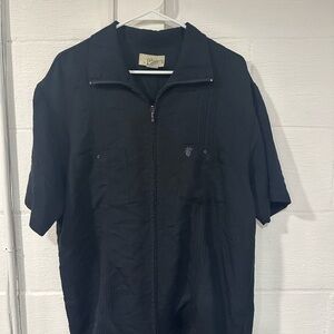 Cubavera Black Short Sleeve Zip Up Shirt Pineapple Embroidered.